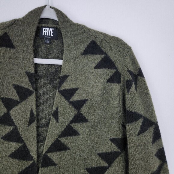 Frye Sweater Womens Large Green Black The Cozy Aztec Open Front Long Cardigan - Picture 2 of 10